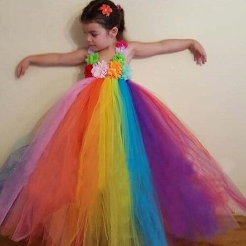 Children Girl Flower Tutu Dress Candy Rainbow Fluffy Dress Birthday Photo Wedding Party Festival Clothing TS096