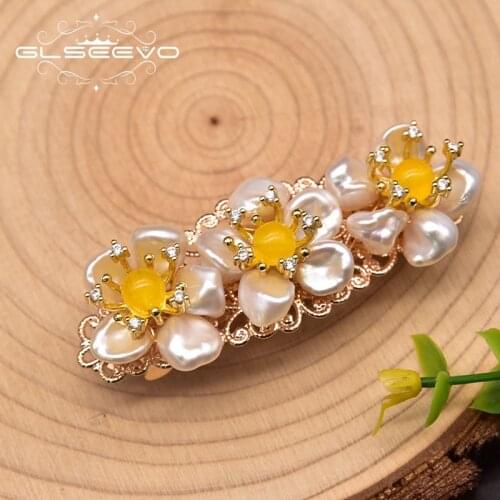 GLSEEVO Handmade Sky Pearl Girl Hairpin Party Wedding Topaz Flower Hairpin Headdress Hair Ornament Flower GH0052