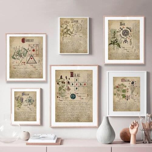 Witchcraft Book of Shadows Vintage Prints Herbal Grimoire Sheets Posters Herbarium Wall Art Canvas Painting Interior Room
