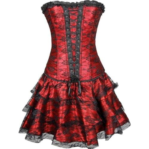 2 Pieces Set Sexy Corsets Dress Women Plus Size Lace Costume Overbust Burlesque Corset Skirt Set Victorian Bustier Corselet Top