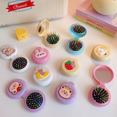 Beauty Cute Cartoon Small Red Flower Air Cushion Comb Mirror Rabbit Avocado Pattern Mini Portable Airbag Foldable Mirror