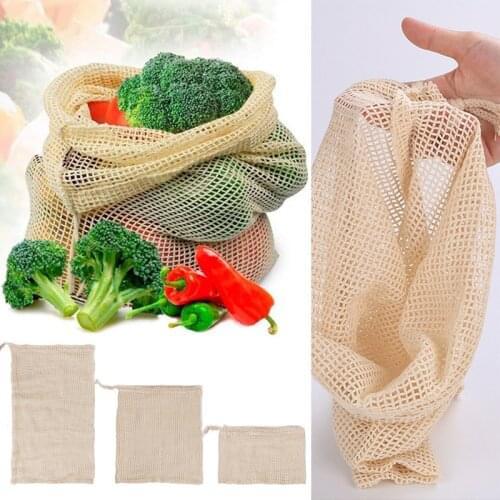 Reusable Vegetable Fruit Produce storage bag with Drawstring Home Vegetable Cotton Mesh Bags