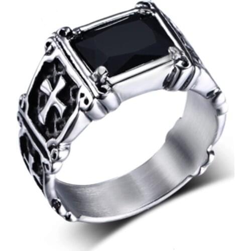 Fashion Red Zircon Ring for Men Retro Jewelry Gift Male Silver Color Ring Side Engraved Cross