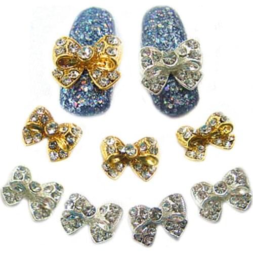 80% Hot Sale 10Pcs Nail Sticker Bow Shape Cubic Zirconia Inlaid Alloy Women Shiny Nail Tips Jewelry for Natural Nail