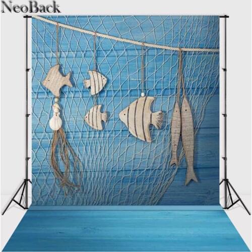 NeoBack 5x7ft Vinyl Cloth Summer Blue Wood Floor Photo backgrounds Children Kids Printed Fish Net Photographic backdrop P2407