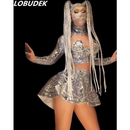 Bar Nightclub Sexy Dance Costume Silver Sequins Vintage Hollow Out Tops Mini Skirt 2-Piece Set Singer Dancer Show Stage Outfit