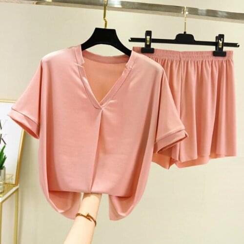 Pijamas women new casual v-neck loose sleepwear set ice silk short sleeve shorts suit home clothes outside wear pajamas sets