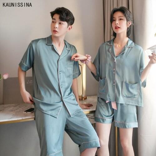 Couple Pajamas Set Summer Silk Loungewear Short Sleeve Pockets Nightshirts Shorts Pajama Sets Men and Women Loose Home Suit