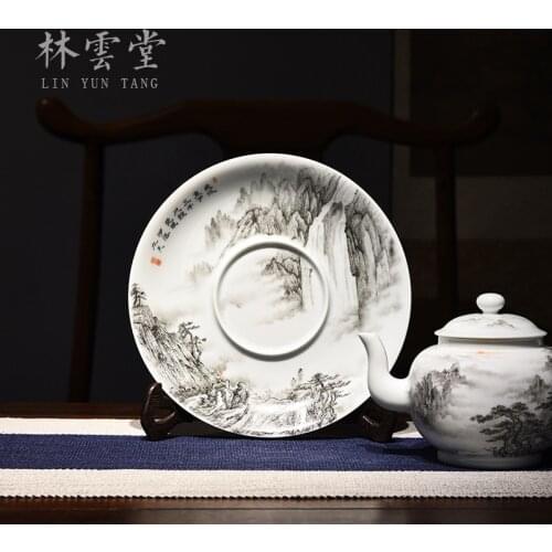 Hand-painted Lushan waterfall ink pot cup holder and Jingdezhen handmade ceramic kungfu tea set cover bowl tray