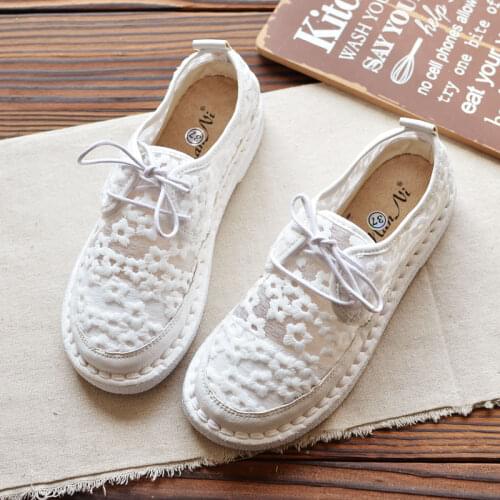 Womens Sandals Lace Mesh Breathable Flat Casual Shoes Hand-Made Soft Bottom White Shoes Mori Girl Literary Student Single Shoes