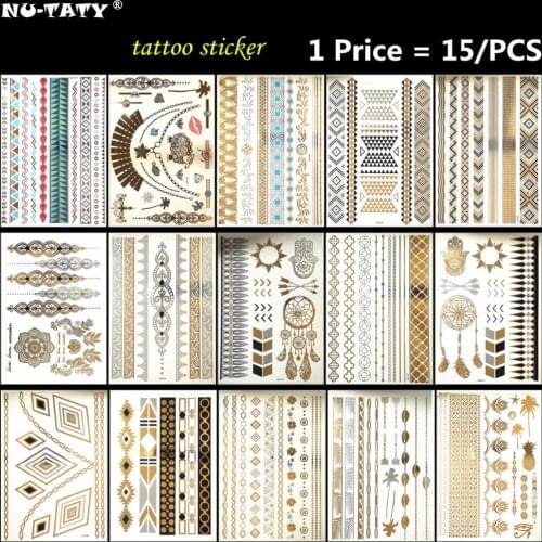 Nu-TATY 15PCS/lot Gold totem Temporary 3D Makeup Tattoos Henna Tatuagem Body Art Flash Tatto Sticker Swimsuit Makeup Tool