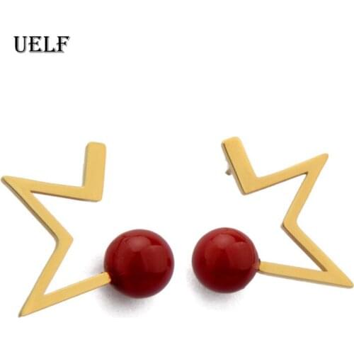 Uelf Simple Earrings For Women Hollow Lighting Bow Earrings With Red Stone Decorated Earrings Gold Color Ear Jewelry Wholesale
