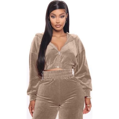 Velvet Tracksuit Women Two Piece Set Autumn Winter Clothes Long Sleeve Hooded Short Top and Wide Leg Pants Velour Suit Outfits