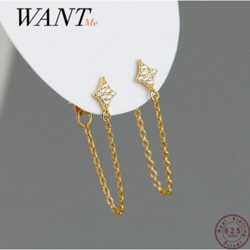 WANTME Fashion Bohemian Real 925 Sterling Silver Geometric Zircon Tassel Link Chain Drop Earrings for Women Charm Party Jewelry