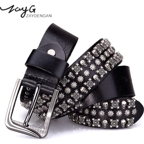 ZAYG Fashion Hip Hop Gothic Women Men Vintage Metal Skull Punk Men Belt Black Coffee Stud Belt Cow Strap Rock Style Jeans Belt