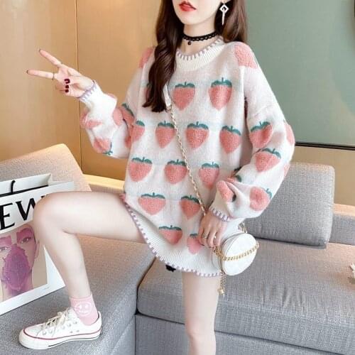 Sweet Cute Pink Cartoon Strawberry Peach Snowflake Knitted Sweater Women Loose Casual Pullover Sweater Winter Warm Woman Clothes