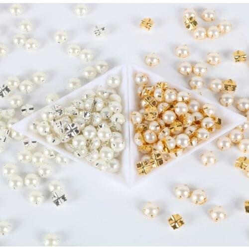 6mm 8mm 100pcs half round White pearls beading Sewing Pearl Beads Sew On With metal base Flatback For Wedding Dress