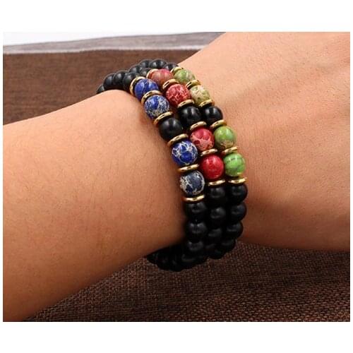 8mm cy53 Chakra Reiki Prayer Buddha Yoga elastic adjusted Charm nature stone agate Onyx volcanic lava Charm Bracelet