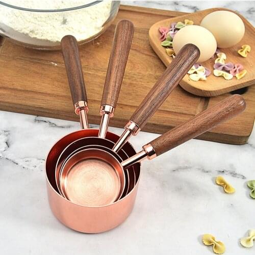 8pcs Kitchen Measuring Tool Plating Measuring Cups Spoon Walnut Wooden Handle Rose Gold Measuring Cups Measuring Spoon Scoop