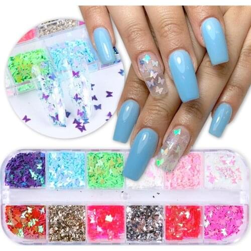 Nail Sequin Decorative Fashion 12-Grid Nail Art Glitter Nail Art Decoration Colorful Butterfly Shape Sequins Nails Art Decor