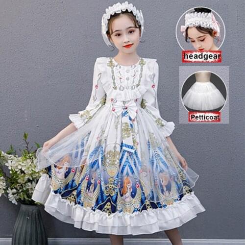Sweet Lolita for kids Royal Blue pattern lolita dress for teenage girls sweet Lolita Classic Lolita Dress Cosplay Costume