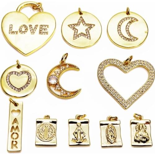 Smooth polished love pendant virgin Mary heart charms micro zircon gold plated pendant DIY bracelet necklace accessorie