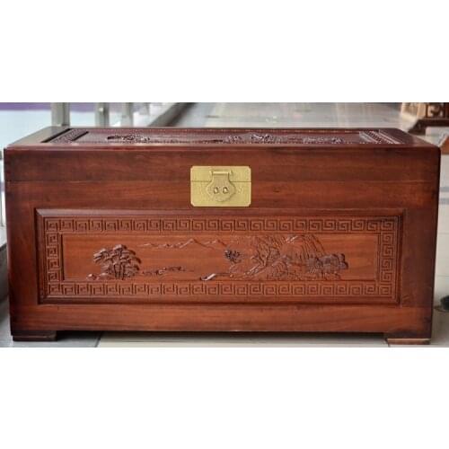 Camphor wood furniture landscape painting hand carved camphorwood box wood box storage box suitcase fur marriage