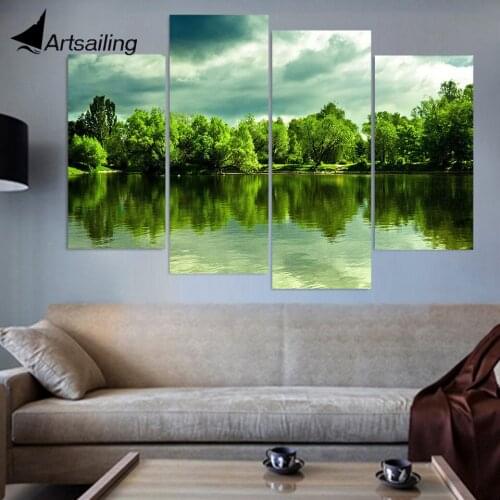 4 Piece Canvas Painting Green Lake Trees HD Printed Canvas Art Prints Wall Art Home Decor Poster Pictures for Living Room XA149C