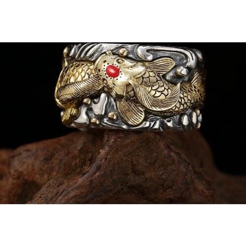NewGolden Koi Pisces Ring Lucky Retro Thai Silver Mens Pull Finger Index Finger Live Buckle Male Ring