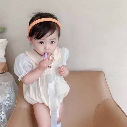 Cute Bowknot Design Newborn Baby Girl Short Puff Sleeve Princess Romper Bodysuits Summer Fashion Soft Linen Cotton Clothes Sets