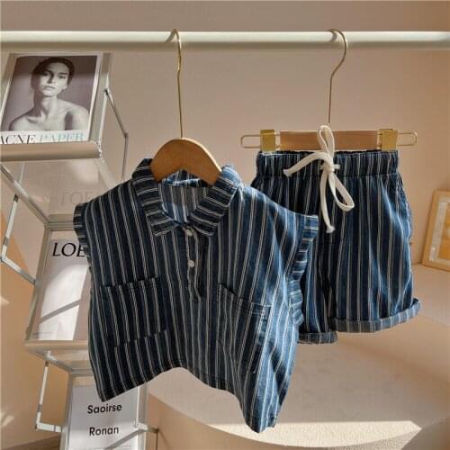 Childrens Clothing Sets 2021 Summer New Baby Boys Girls Korean Striped Suit Kids Striped Vest Shirt Shorts 2pcs for Boys 2-8 Y