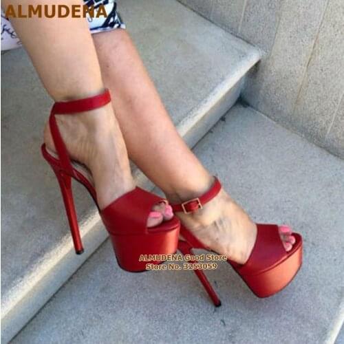 ALMUDENA Red Matte Leather Thin High Heels Open Toe Platform Gladiator Sandals Slingback Buckle Strap Wedding Pumps Size47