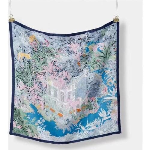 53*53cm Brand Square Scarves For Girls Women Silk Scarf Hijab Fashion Jungle City Print Bandana Wrist Bag Aceesories Jewelry