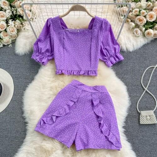 2021 Summer New Fashion Girl Polka Dot Square Neck Short Top Short Sleeve Two Piece Set High Waist Ruffle Shorts