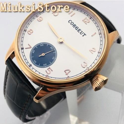 CORGEUT 44mm Mens Top Classic Mechanical Watch Rose Gold Case White Dial 17 Jewels Hand Winding 6498 Movement Mens Watch