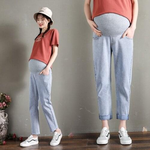 2019 spring and summer new pregnant women jeans Korean version was thin loose wide leg retro nine straight pants maternity goods