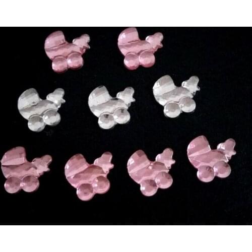 100pcs/lot 15X15mm Clear/Pink/Blue Colors Acrylic Pram style Rhinestones Baby Carriage For Baby Shower Birthday Party Favor