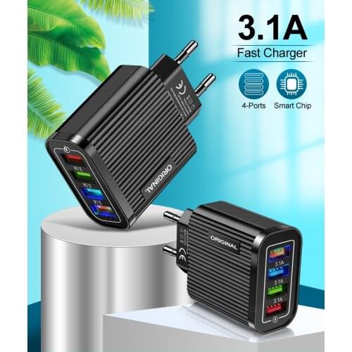 4 USB Charger Quick Charge 3.0 Fast Charging Mobile Phone Charger For iPhone 12 11 Samsung Xiaomi Huawei Wall Charger EU Adapter
