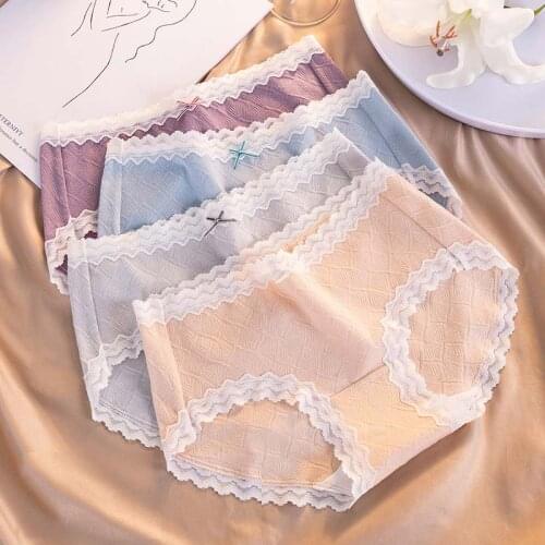 Wasteheart Women Fashion Green Skin Bow Sexy Cotton Mid Waist Panties Lace Underwear Lingerie Briefs Plaid Underpants M L XL