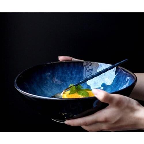 7/8 inch Japanese Ceramic Bowl Noodle Soup Ramen Bowl Tableware Fruit Salad Bowls Set Dark Blue Kitchen Decoration for Kitchen