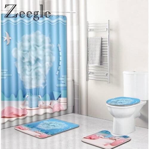 Zeegle Print Mat Set for Bathroom Toilet Shower Curtain with Hooks Toilet Anti-slip Soft Foot Rug Pedestal Rug Bathroom Products
