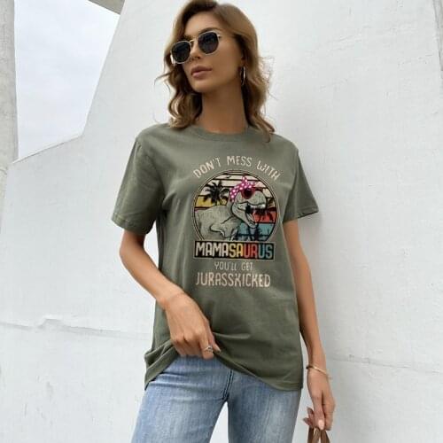 2021 New Style Womens Summer Round Collar Dinosaur T-shirt Femme Fashion Retro Streetwear Short Sleeves Tops Hipster Lady Tee