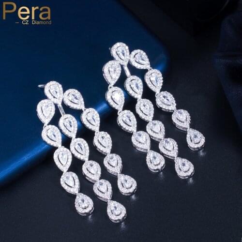 Pera Shiny White Long Pendant Tassel Waterdrop CZ Topaz Women Wedding Bridal Engagement Party Silver 925 Dangle Earrings E724