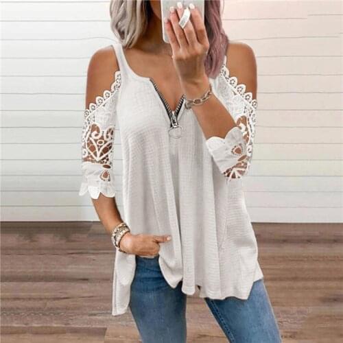 Women Hollow Out T-shirts Summer T Shirt Zipper V-Neck Lace Sleeves Knitted T-shirt Solid Color Sexy Lady Tops 2021 New Tees