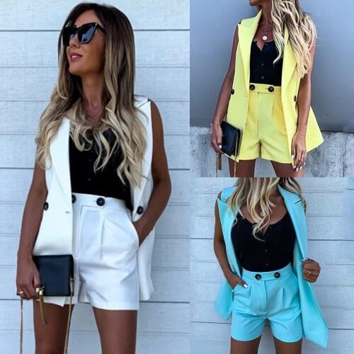 2021 summer women Two piece blazer set fashion european clothing Shorts outfits Set for Lady office cardigan blazer y short D25