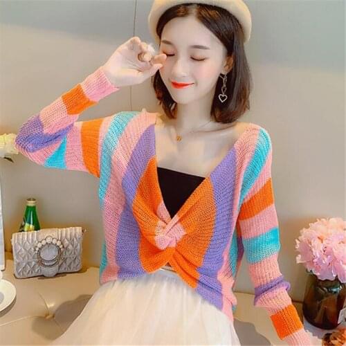 2021 Spring Fashion New Style V-Neck Long-Sleeved Retro Thin Sweet Rainbow Striped Knitted Sweater Womens Top Trendy H203