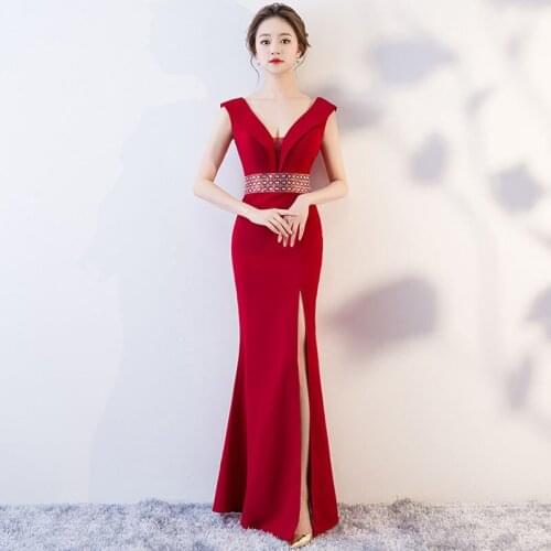 Evening Dress Burgundy Deep V-Neck Elegant Sleeveless Mermaid Backless Floor-length Plus size Women Formal Party Dresses C1304