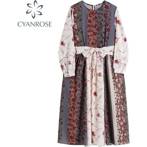 Autumn Chic Vinatge Floral Print Vintage Long Vestido Ladies Hit Color Long Sleeve Women Elegant Dress White Sashes 2021 New
