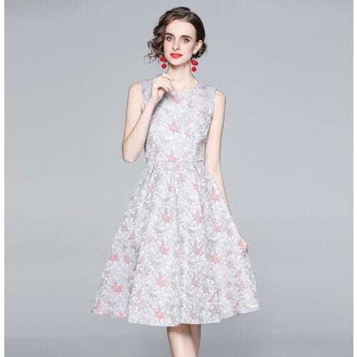Women O-Neck Sleeveless High Waist Jacquard Zipper Party Dress Floral Length Summer Dress Beach Boho k8376