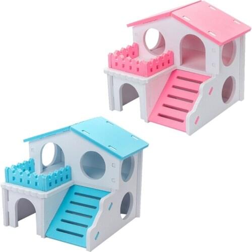 Hamster Wooden House 2-Story Villa Small Pets Climbing Toy Hideout for Dwarf Hamster Cage Accessories Blue/Pink LX0D